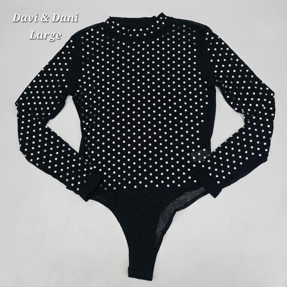 Davi & Dani Rhinestone Mesh Bodysuit L Black Sheer Long Sleeve Party Glam